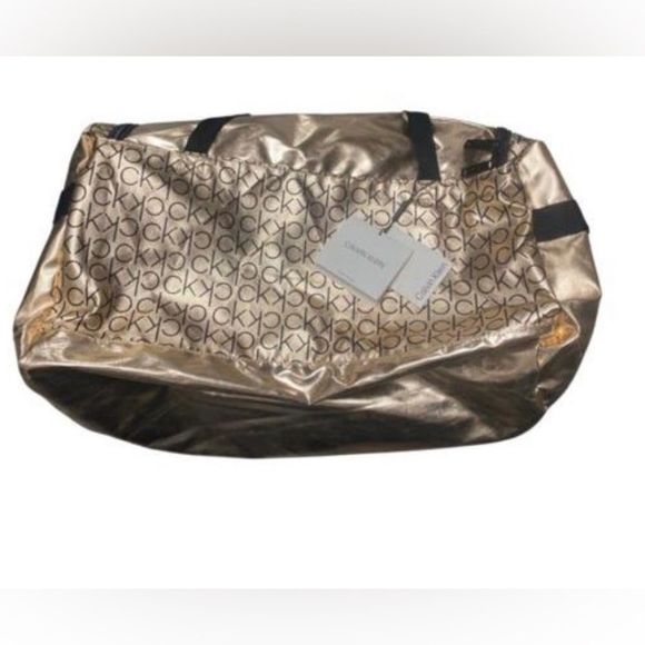 Calvin Klein Metallic Gold Logo Nylon Duffle Sports Bag Soft Sided NWT - Picture 3 of 5